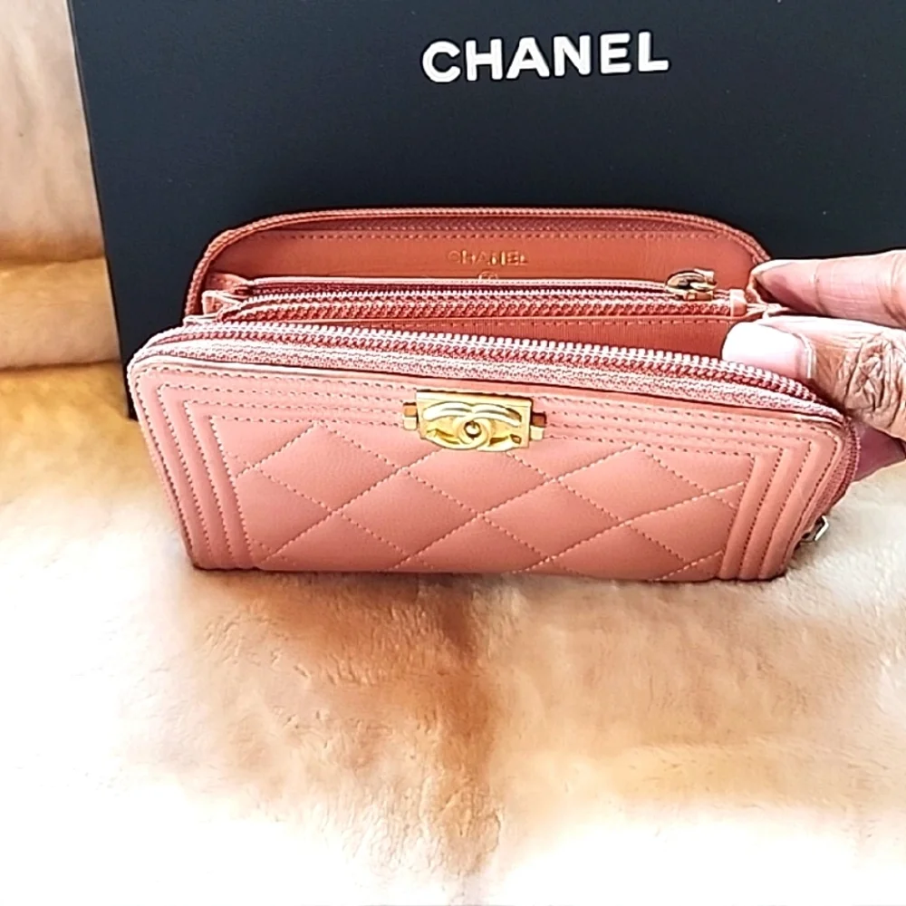 Chanel Boy Small‎ Pink Quilted Wallet with Iconic Gold Hardware